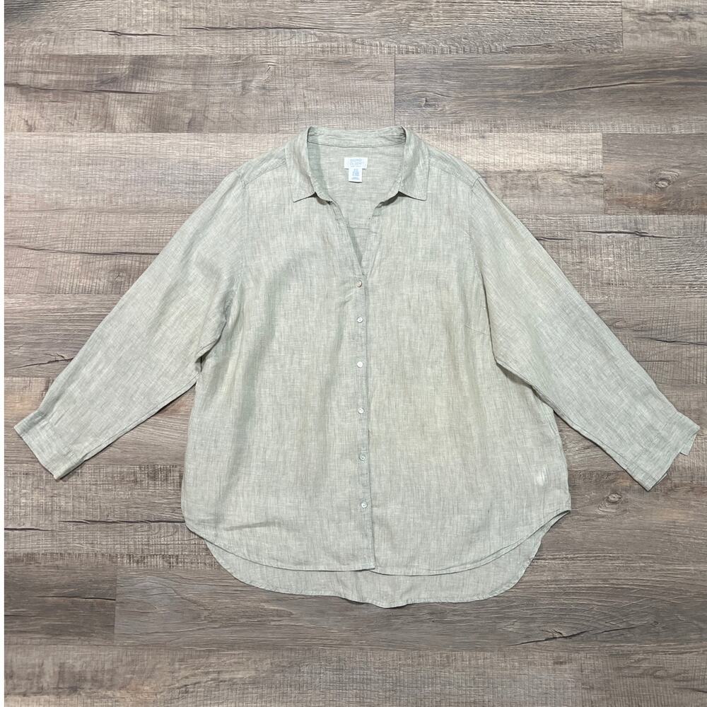 Sigrid‎ Olsen Long Sleeve Linen Button Up Shirt Size 2X Tan/Gray Beach Lagenlook